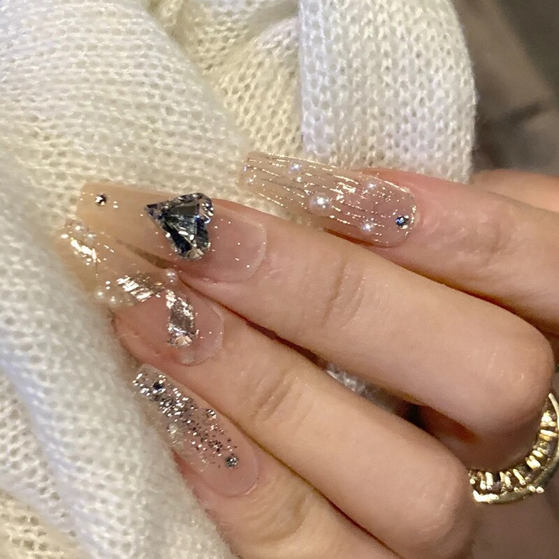 Lianfudai current nail trends 2023  24Pcs Long Ballerina Fake Nails Full Cover Nail Tips Yellow French False Nails with Aurora Rhinestone Press on Nails Wearable