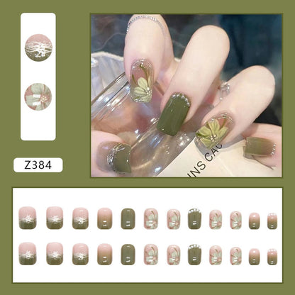 sengpan 24Pcs/Set Press On Fake Nails Green Wearing Reusable False Nails Art Girls Ballerina Coffin Nail With Glue Full Cover Artificial