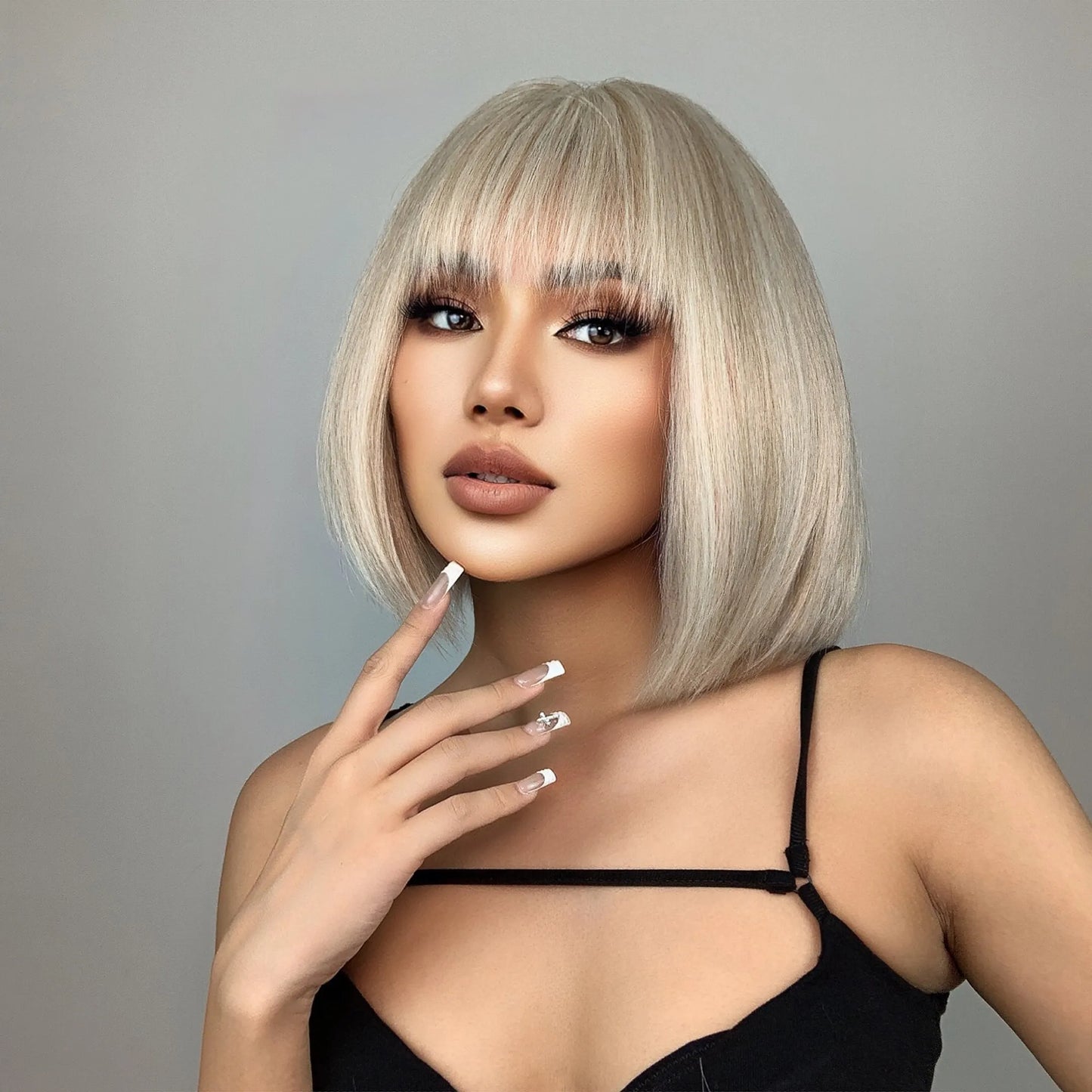 sengpan Short Straight White Platinum Wigs for Women Short Bob Synthetic Wig With Bangs Shoulder Length Heat Resistant Cosplay Wig