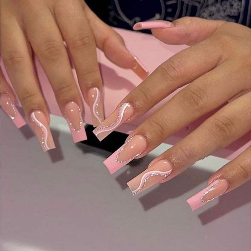 Lianfudai current nail trends 2023  24Pcs Ballet False Nails Press on Long Coffin Square Head Fake Nails with Line Flowers Design Nail Tips Wearable Nails Art