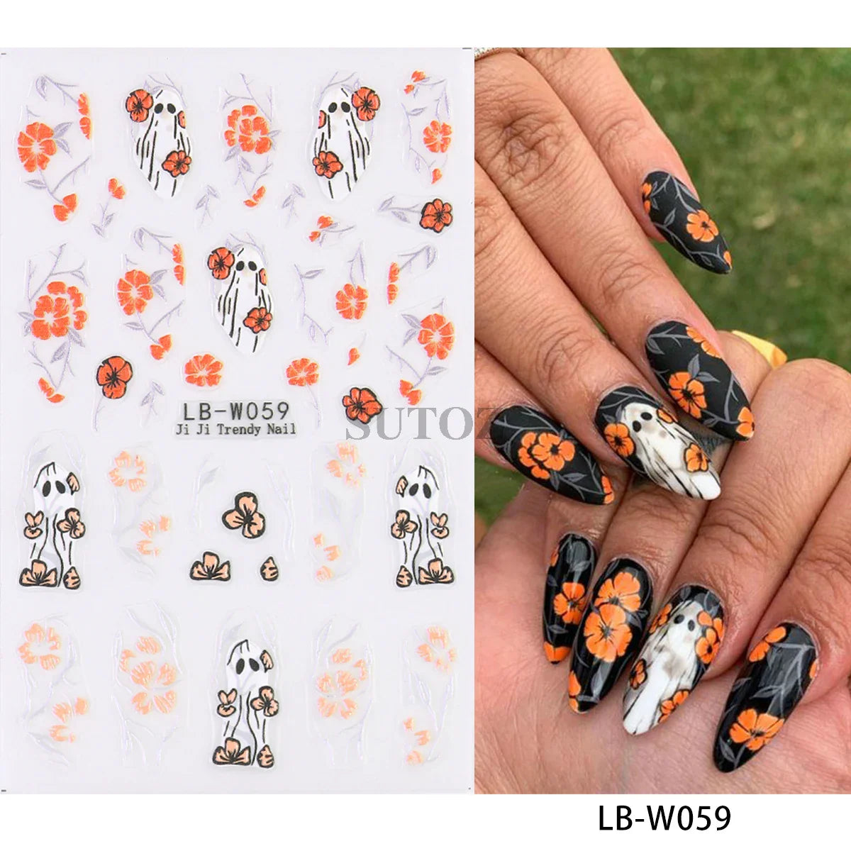 sengpan 5D Embossed Halloween Nail Stickers Skull Chams Spooky Flower Ghost Nail Decals Spider Web Skeleton Sliders for Manicure NTJI-5D