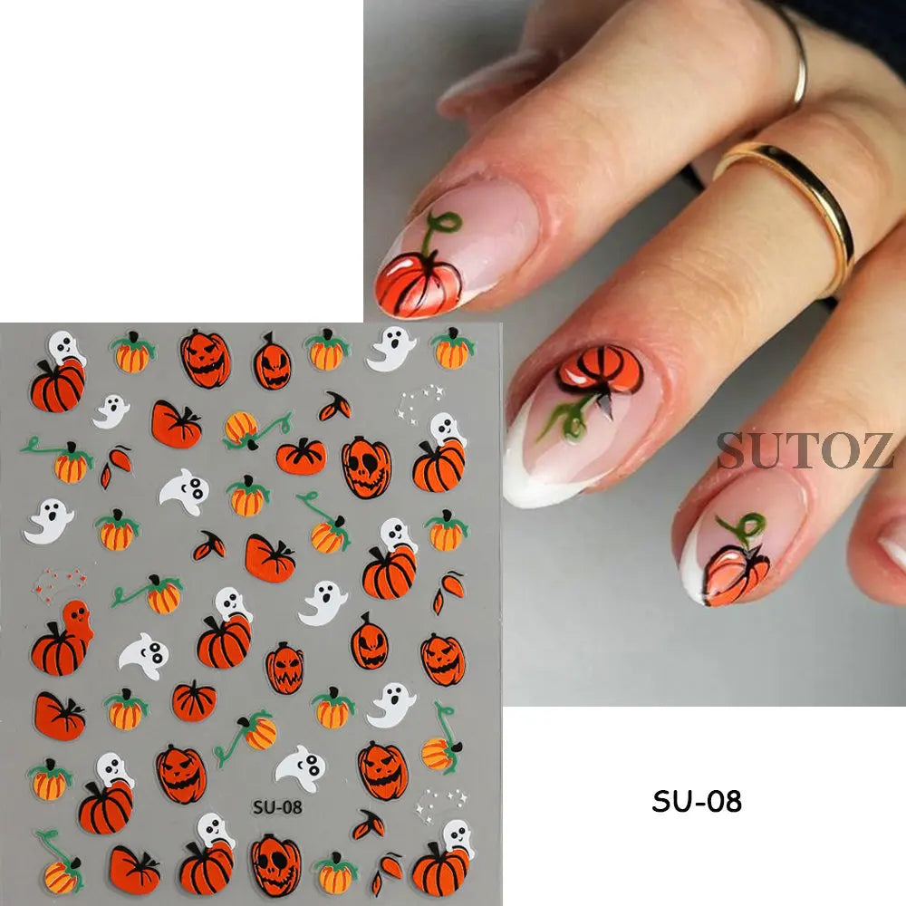 sengpan 5D Embossed Ghost Nail Art Stickers Halloween Cartoon Pumpkin Skull Nail Decals Spider Web Daisy Sliders For Manicure NTJI-5D131