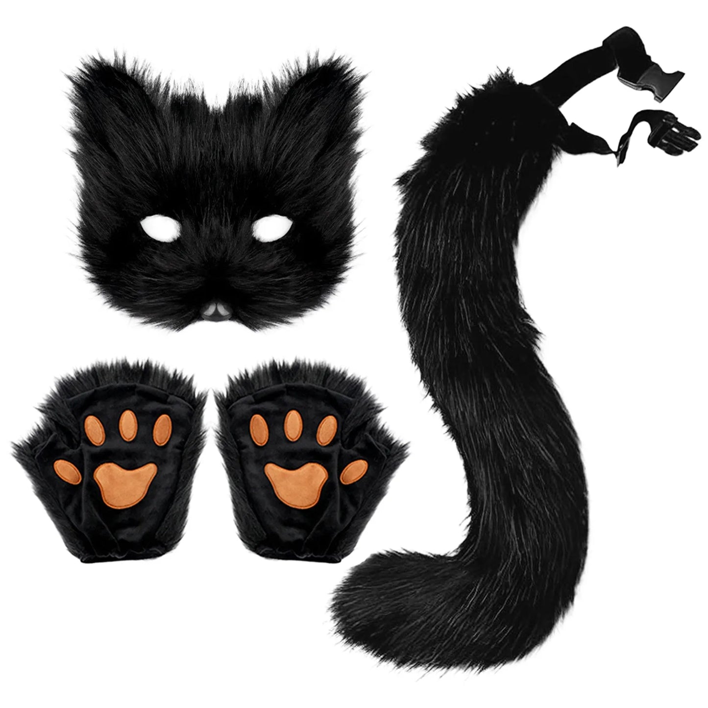 sengpan Fluffy Fur Fox Tail Keychain Cat Paws Gloves and Wolf Therian Mask Set for Halloween Cosplay Costume Accessories