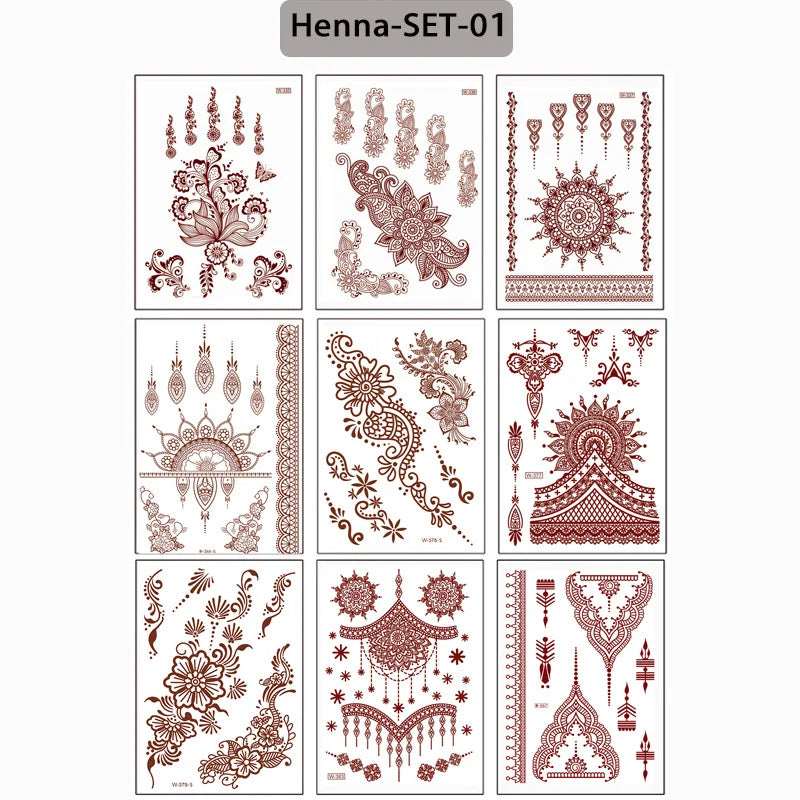 sengpan 9Pcs Brown Henna Temporary Tattoos for Women Henna Tattoo Sticker for Hand Body Art Moroccan Mehndi Design Tattoo Fake Hena