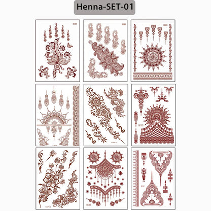 sengpan 9Pcs Brown Henna Temporary Tattoos for Women Henna Tattoo Sticker for Hand Body Art Moroccan Mehndi Design Tattoo Fake Hena