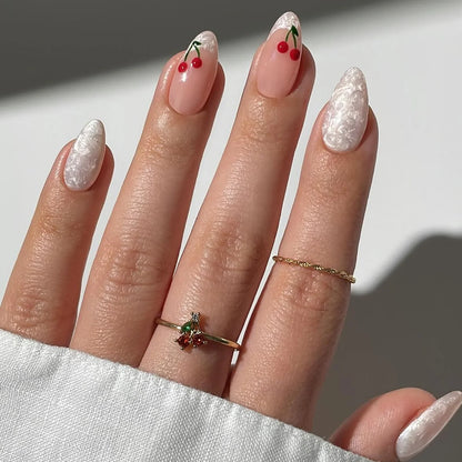 sengpan Cherry French Almond Style Press on Nails Wearing Armor Red Minimalist Nail Art Stick-On Nails Fake Nails W/ Tool