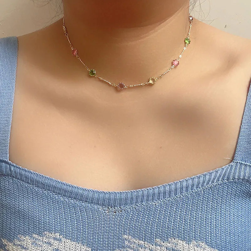 Lianfudai Colorful Natural Stone Necklace Spring and Summer 2024 New Collarbone Chain Simple Neck Chains