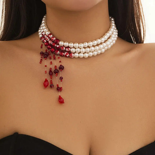 sengpan Goth Multilayer Red Blood Imitation Pearl Choker Statement Necklace For Women Vintage Crystal Bead Halloween Jewelry