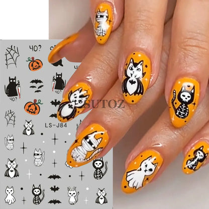 sengpan Pink Pumpkin Nail Art Stickers Halloween Decoration Bat Ghost Design Black Cat Skull Nail Sliders Charms Manicure Decal NLLS-J82