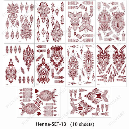 sengpan 9Pcs Brown Henna Temporary Tattoos for Women Henna Tattoo Sticker for Hand Body Art Moroccan Mehndi Design Tattoo Fake Hena