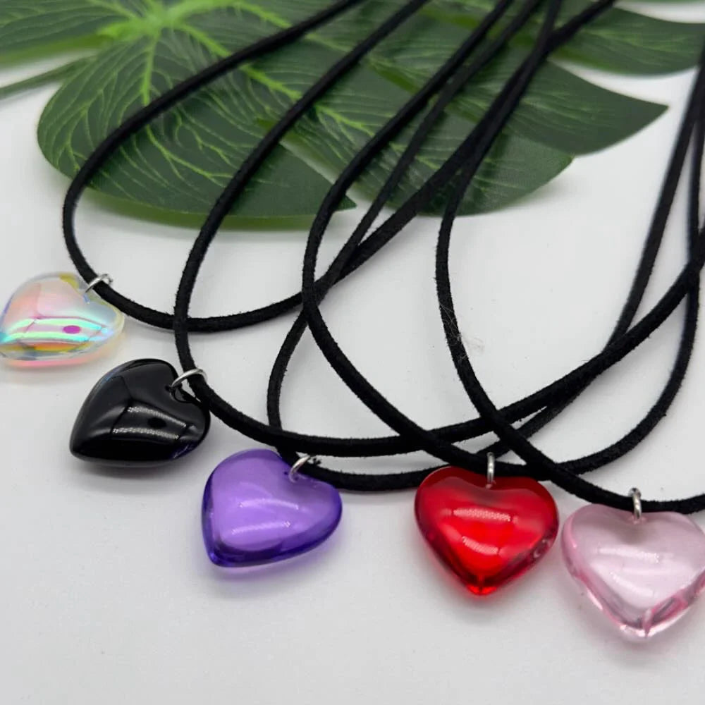 sengpan Solid Color Glass Heart Pendant Necklace Punk Grunge Style Velvet Choker for Girls