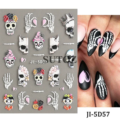 sengpan 5D Ghost Halloween Nail Art Stickers Cartoon Pumpkins Skulls Flowers Nail Decals Y2K Halloween Self-Adhesive Manicure Deco JI-5D