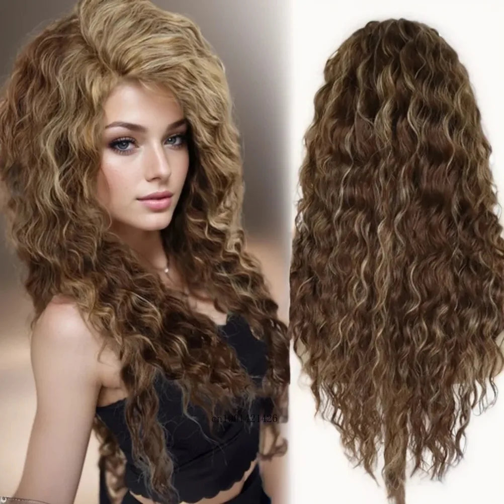 sengpan Synthetic Long Wave Cur Wigs Female Natural Brown Wig with Clip Free Part Side Bangs 80s Curly Wigs for Women Ombre Wig