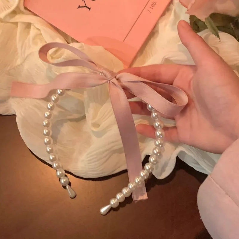 sengpan Pink Satin Pearl Hair Band Korean Girl Bow Ribbon Sweet Temperament Headband Hair Hoop Headwear for Women Jewelry Accessories