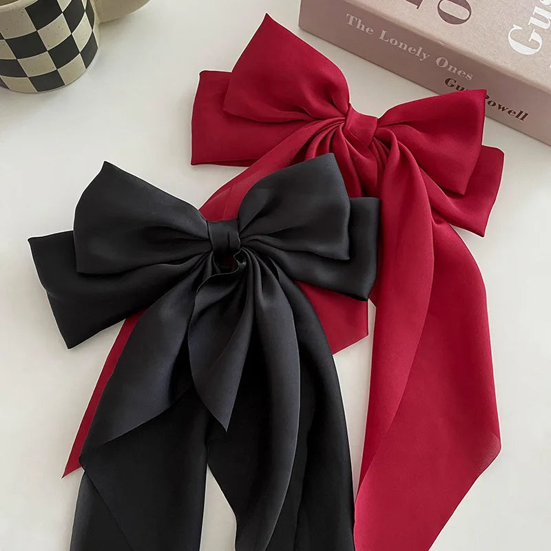 sengpan Chiffon Bow Hair Clip Women Large Bowknot Stain Hairpin Barrettes Girls Solid Color Ponytail Clip Hair Accessories Headwear Gift