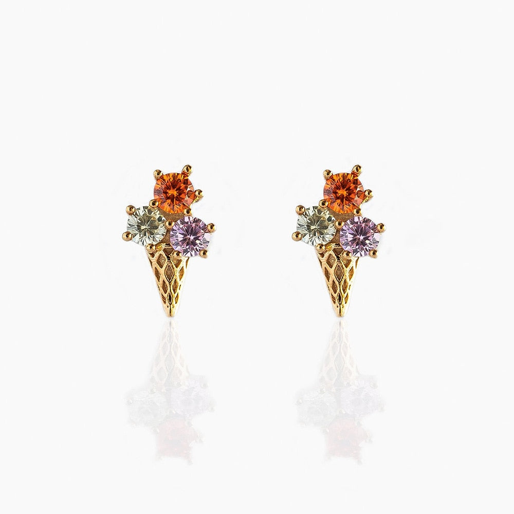 sengpan 1 Pair Ins Wind Cone Crown Zircon Earrings Cute Bear Cartoon Personality Ear Jewelry Colorful Simple Style Earrings for Women