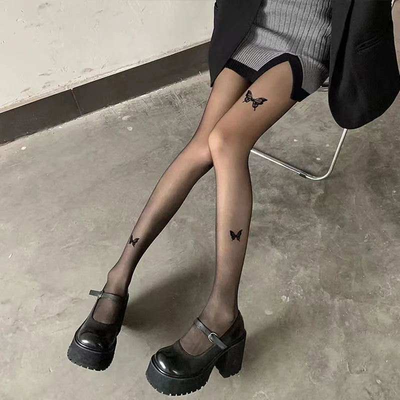 sengpan Y2K Fake Tattoo Printed Butterfly Stockings Skin Color Hosiery Thighs Cored Stocking Lolita Sweet Cute Tights Pantyhose Lingerie