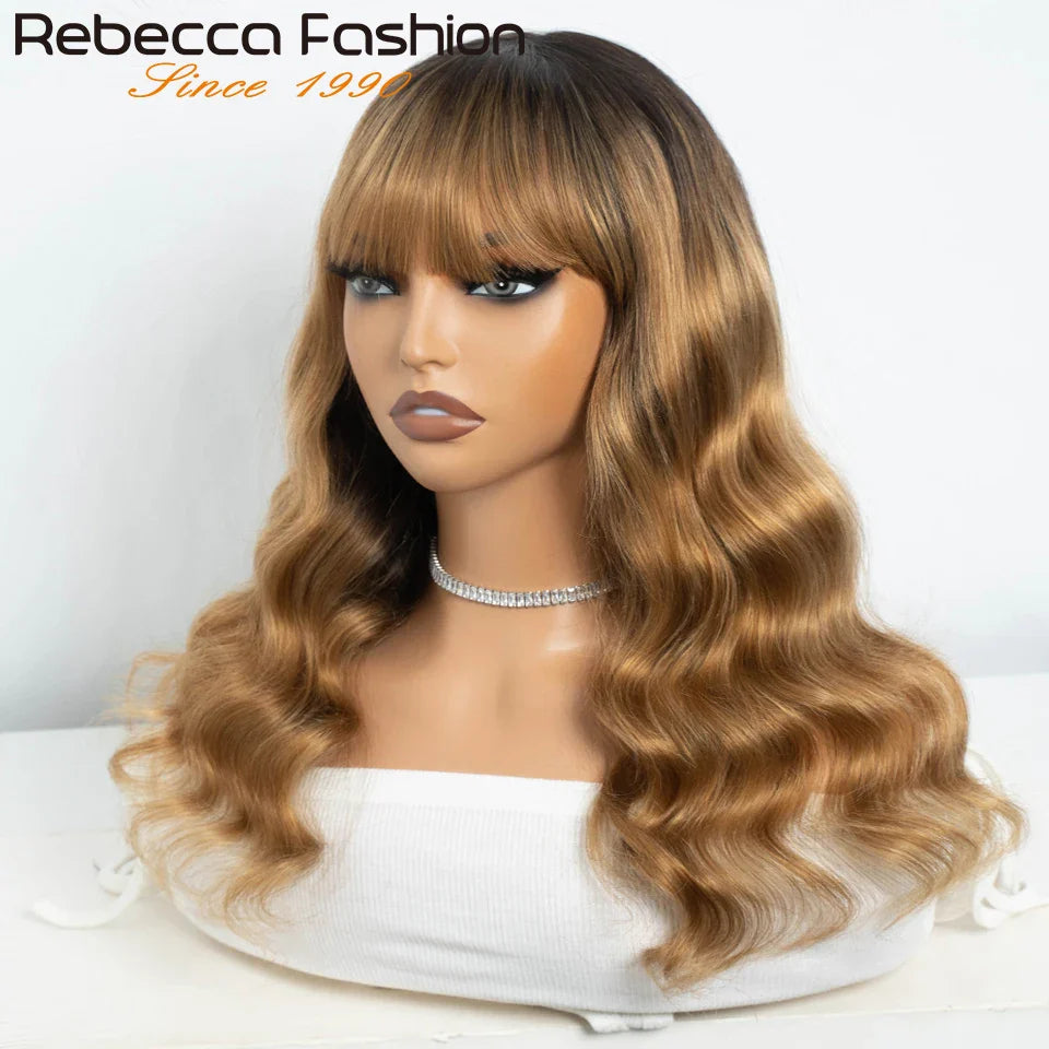 sengpan 22"-24" T1B/27 Body Wave Human Hair Wigs With Bangs Fringe 180D Glueless Wet and Wavy Brazilian Full Machine Made Women Wigs