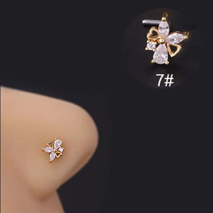 Lianfudai New Fashion Unisex Zircon Punk Style Nose Nail Titanium Steel L Shaped Nose Studs Piercing Jewelry