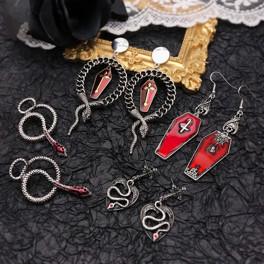 sengpan Dark Gothic Vintage Drop Earrings Bat Coffin Snake Earrings For Women Punk Goth Halloween Fashion Jewelry Lolita Accessories