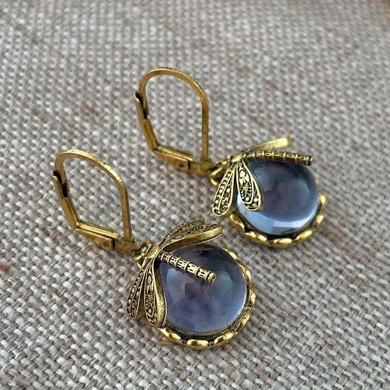 sengpan Vintage Metal Dragonfly Earrings Inky Blue Moonstone Brass Glass Cabochon Vintage Victorian Gifts for Women