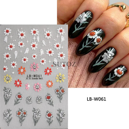 sengpan 5D Ghost Halloween Nail Art Stickers Cartoon Pumpkins Skulls Flowers Nail Decals Y2K Halloween Self-Adhesive Manicure Deco JI-5D