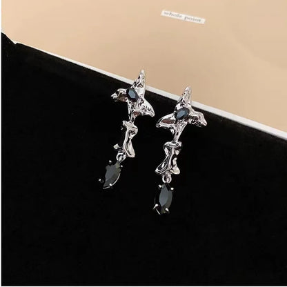 sengpan Black Zircon Four Star Mang Earrings Punk Style Long Tassel Women's Pendant Earrings Sweet Cool Personalized Y2K Fashion Jewelry