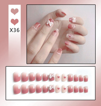 sengpan 24PCS/Box Bowknot Rabbit Pattern Pearl Short Square Designer Fashion Design French Style Full Covering Pressed Fake Nails