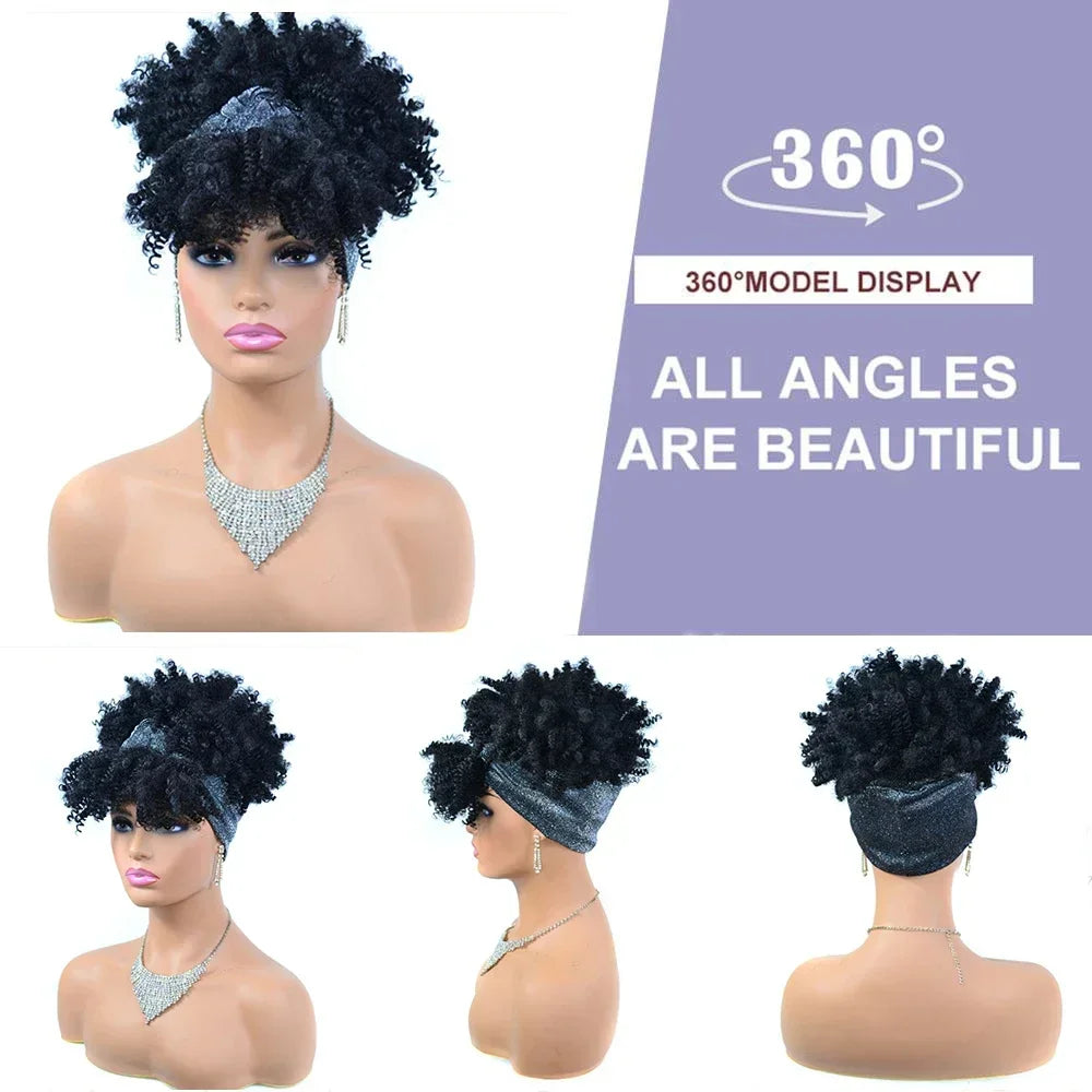 sengpan Short Kinky Curly Headband Wigs  Afro Puff Curly Headband Wig For Women Natural Synthetic Turban Wrap Wig  Cosplay Daily Use