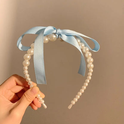 sengpan Pink Satin Pearl Hair Band Korean Girl Bow Ribbon Sweet Temperament Headband Hair Hoop Headwear for Women Jewelry Accessories