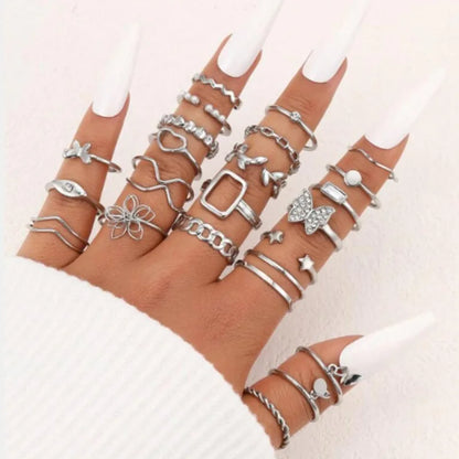 sengpan 24Pcs Imitation Pearl Rings Set For Women Punk Vintage Geometric Leaf Flower Finger Ring Metal Knuckle Finger Ring Jewelry Gifts