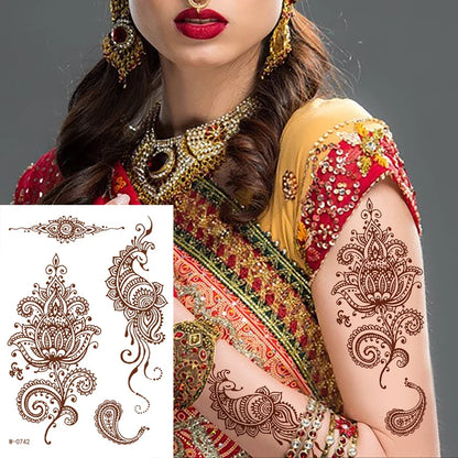 sengpan Brown Henna Temporary Tattoos for Women Henna Design Stickers for Hand Neck Body Art for Wedding Flora Hena Tattoo Waterproof