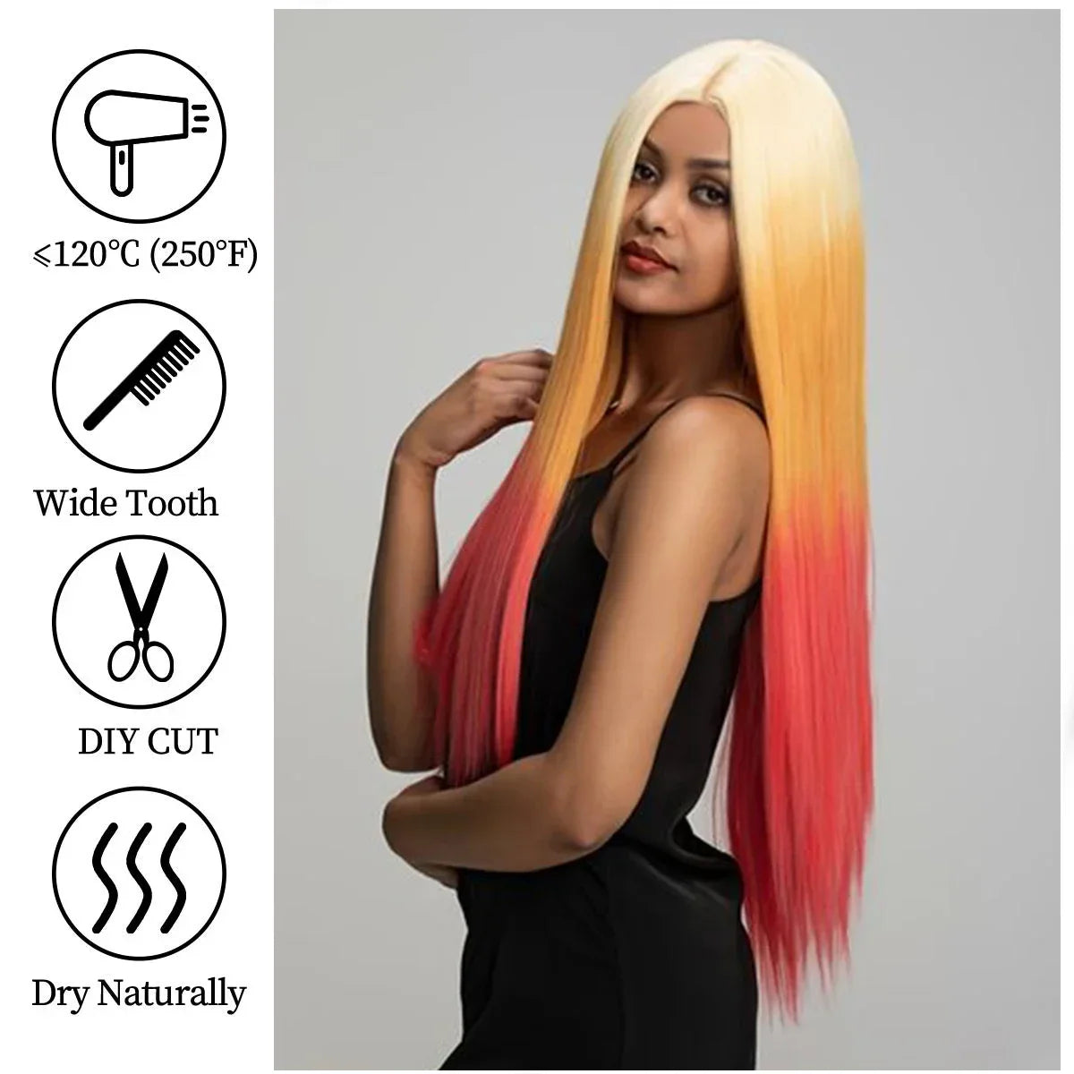 sengpan Long Straight Hair Wigs Blond Ginger Orange Middle Part Wig for Women Ombre Synthetic Cosplay Wig Heat Resistant Fiber Fake Hair