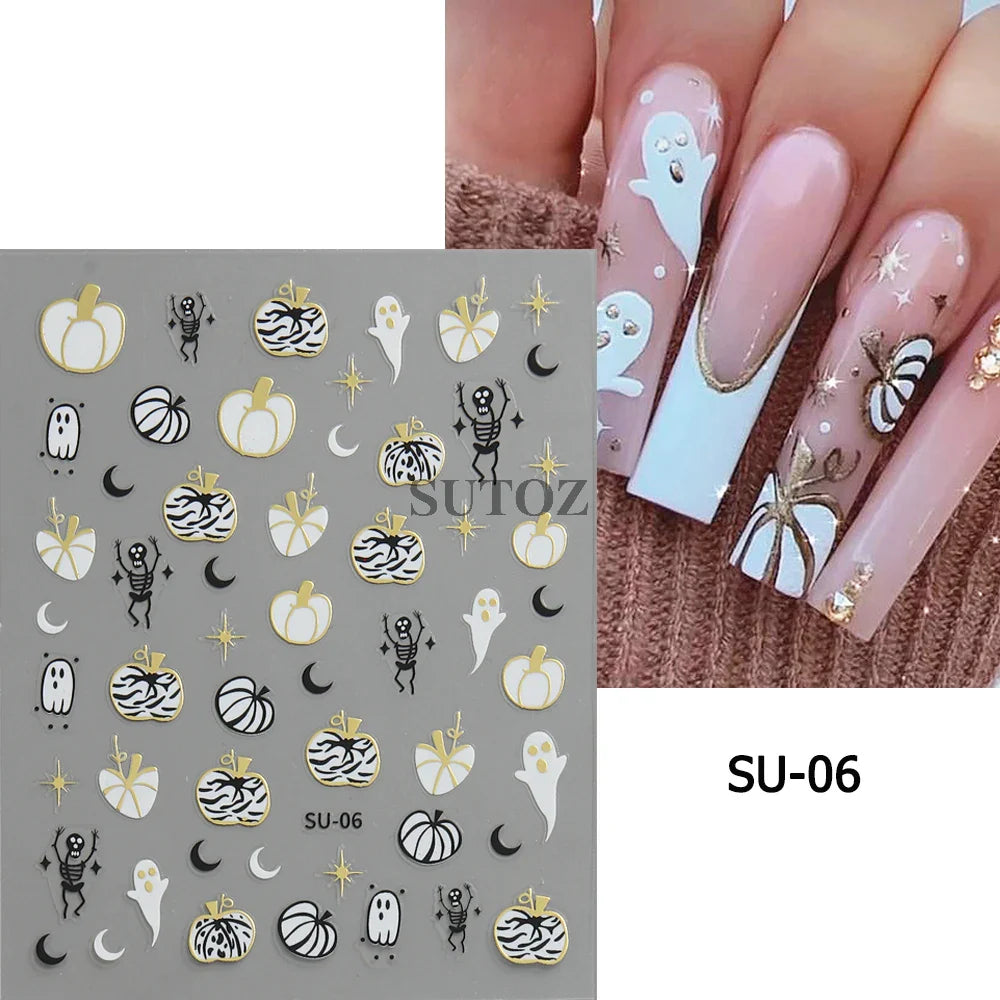 sengpan Spider Nail Art Stickers Halloween Design Ghost Skull Spider Webs Pumpkin Nail Decors Y2K Diamond Charms Manicure Decals GLJI-DZ