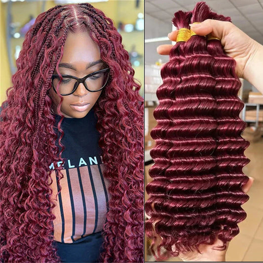 sengpan 20inch Burgundy Deep Wave Braid Human Hair Bulk Extensions for Braiding No Weft 100g (1Pack-2Bundles) Red 100% Virgin Human Hair