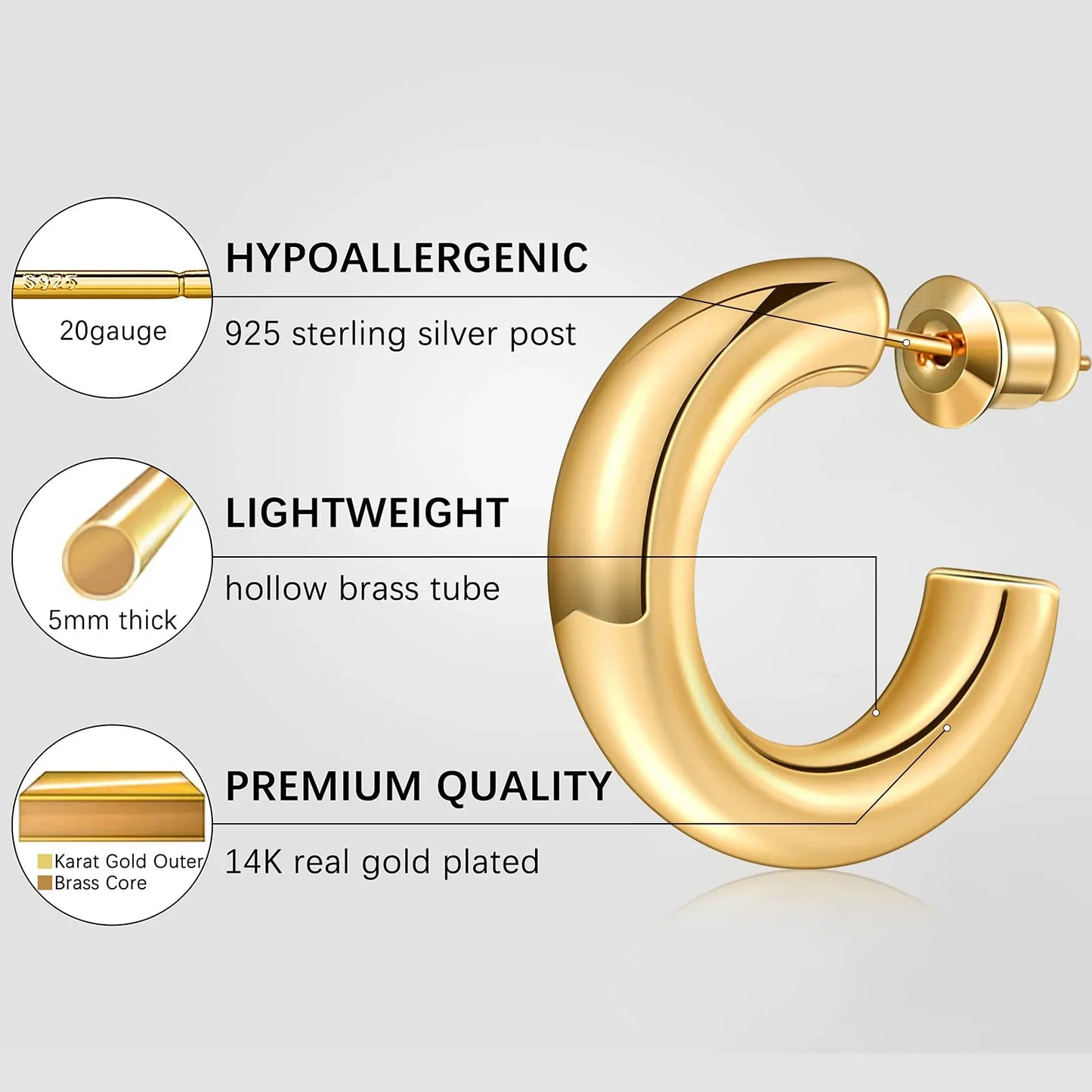 Lianfudai Earrings for Women 14K Real Gold Plated Copper Hoop With 925 Sterling Silver Post New Cute Modern Jewelry For Women