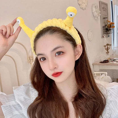 sengpan Cartoon Big Eye Snail Headband For Washing Face Cute Elastic Snail Makeup Hair Band Soft Coral Fleece Hairbands For Women Girls