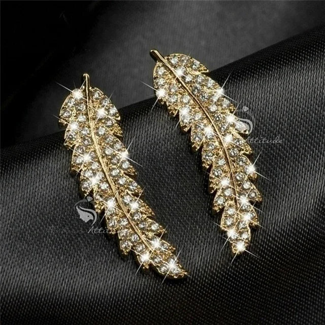 sengpan Trendy CZ Crystal Leaf Feather Earrings Ear Climber Stud Earrings For Women Everyday Jewelry Jacket Ear Cuff Piercing Bronics