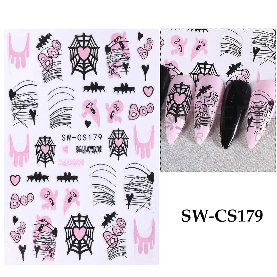 sengpan Pink Pumpkin Halloween Nail Stickers Ghost Star Mummy Love Heart Spider Web Scorpion Blood Drops DIY Winter Manicure Decoration