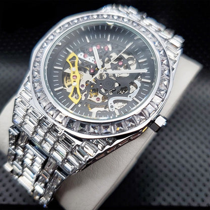 sengpan watches on sale Luxury Skeleton Watch with Baguette Bezel Bracelet Mechanical Men Wristwatches Top Brand Diamond Ice Out New Automatic Watches FREE SHIPPING