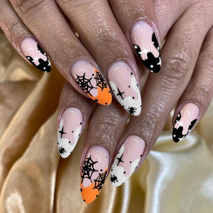 sengpan 24pcs Halloween Funny Spider Fake Nails Press On Nails Full Cover Orange Edge French False Nails Short Almond Shaped Nail Tips