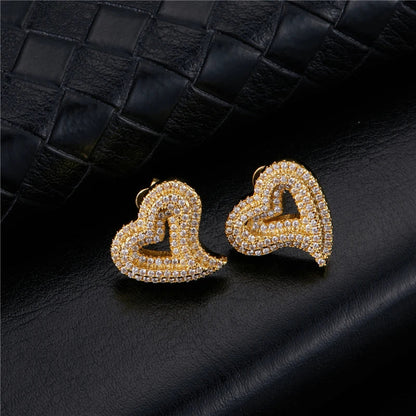 sengpan Hip Micro 1Pair Heart Shape Pave Baguette Cubic Zircon Stone Ice out Stud CZ Earring Bling Copper Earrings For Women Men Jewelry