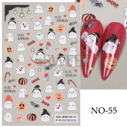 sengpan Halloween 3D Heart Web Nail Sticker Cute Holiday Cartoon Design Spider Pumpkin Ghost  Sliders for Nails Manicure Decor SANO53