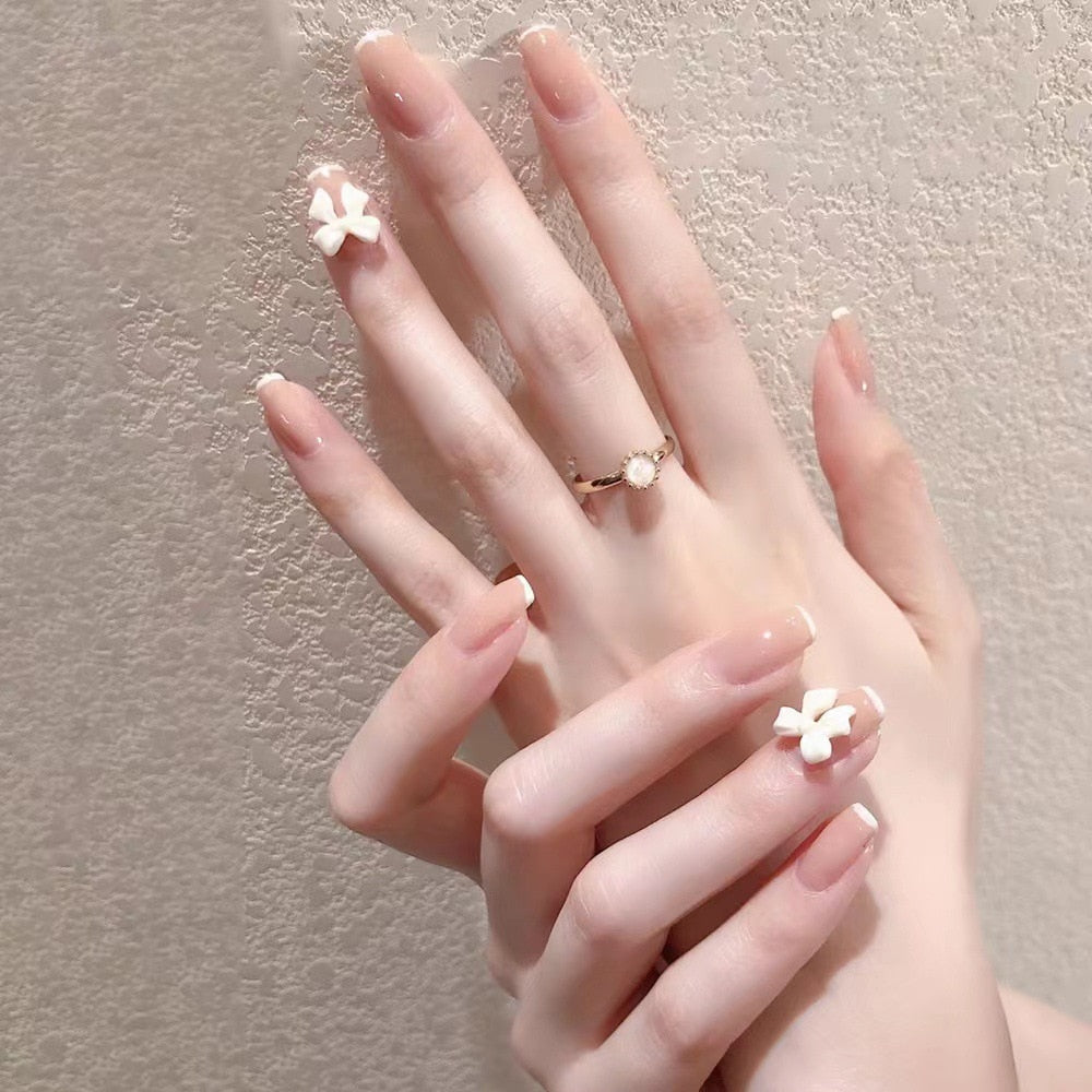 sengpan 24pcs French Point Diamond Fake Nails Wearing Artificial Square Head Press On Acrylic Nail Art Pearl Patch Almond False Nails