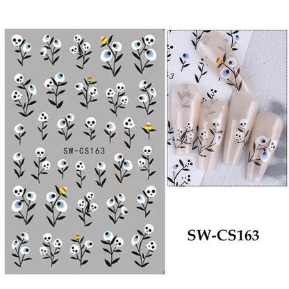 sengpan Cartoon Skull Halloween Nail Art Stickers Pink Bones Ghost Cat Moon Tree Owl Stripes Lines Winter Christmas Manicure Decoration