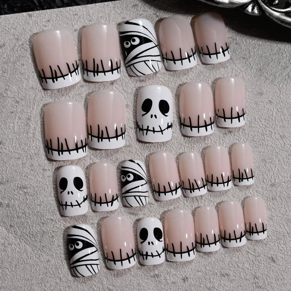 sengpan 24Pcs Halloween Little Ghost Press on Fake Nails Creative French Design Short Square False Nails Acrylic Nails Halloween Decorat