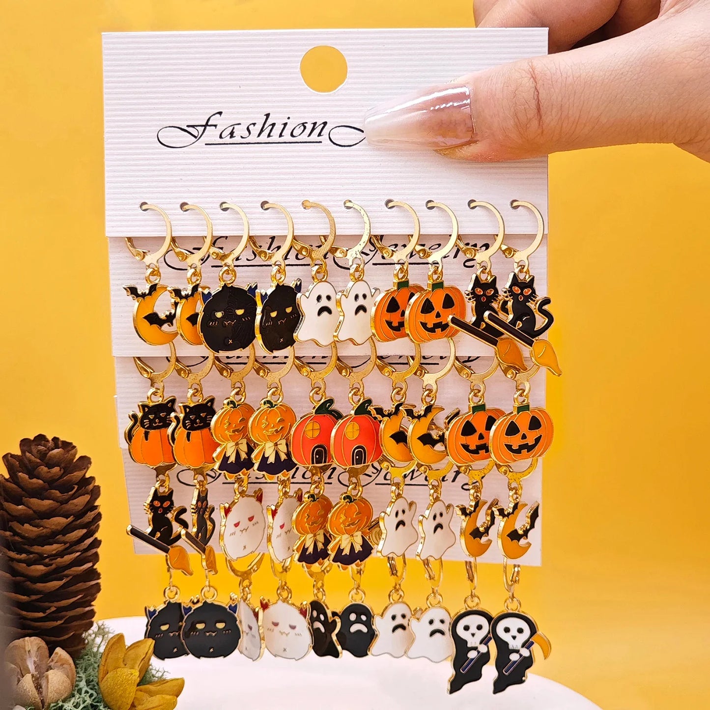 sengpan 10pcs Halloween Art series earrings with horror alloy oil drop pumpkin bat spider web ghost earrings set for women