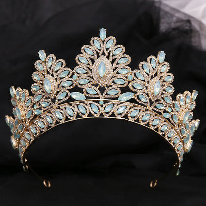 sengpan Luxury Green Opal Crystal Flower Water Drop Tiara Crown Women Wedding Party Elegant Bridal Bride Crown Hair Accessories