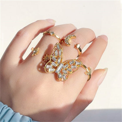 sengpan Bohemian Gold Color Butterfly Rings Set For Women Fashion Shiny Crystal Geometric Flower Knuckle Finger Ring Jewelry Adjustable