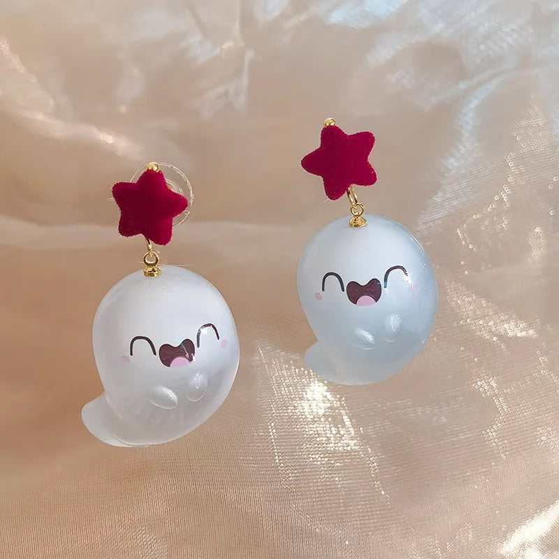 sengpan Fancy Resin Halloween Ghost Drop Earrings For Women Red Bowknot Flannel Ghost Dangle Earring Christmas Festival Party Jewelry